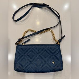 Tory Burch mini symphony blue Fleming Quilted Blue and Gold Crossbody Bag
